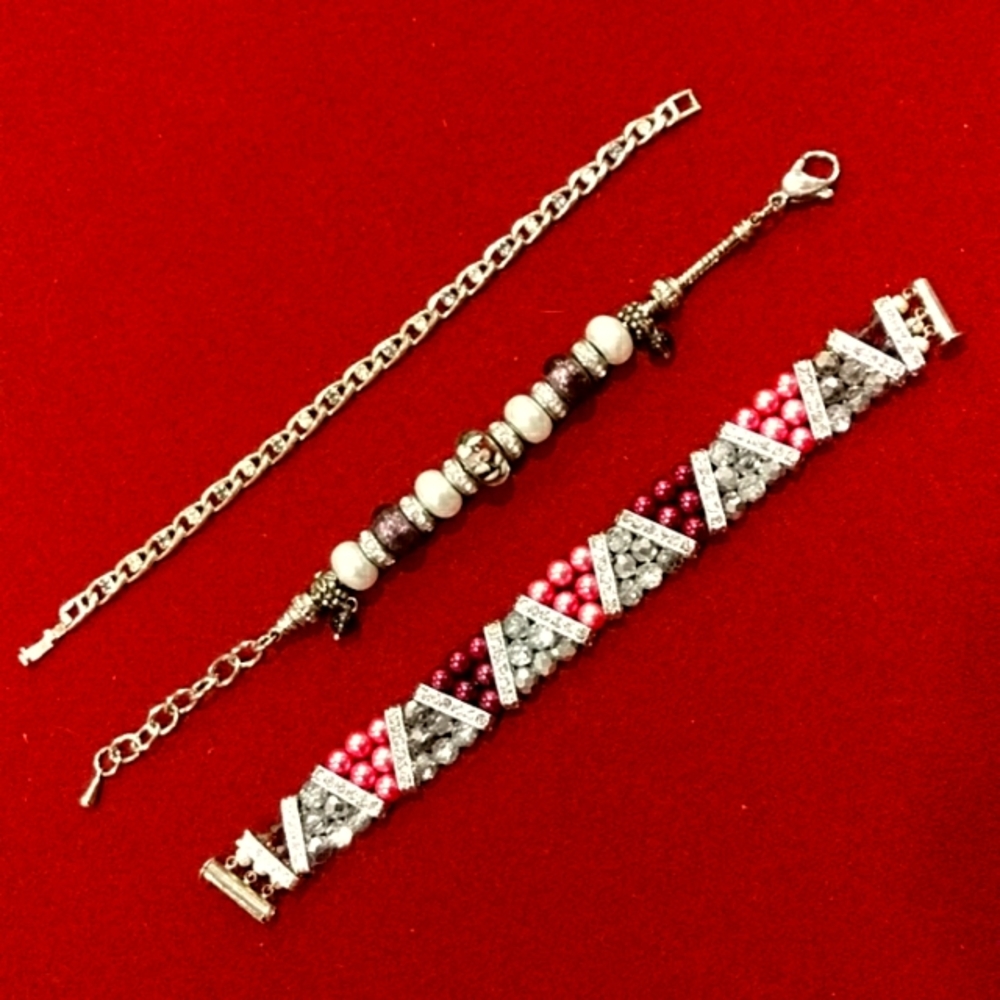 3 for $30 Bracelets Lot of Three Silver Purple Pink Bead Charm Rhinestone